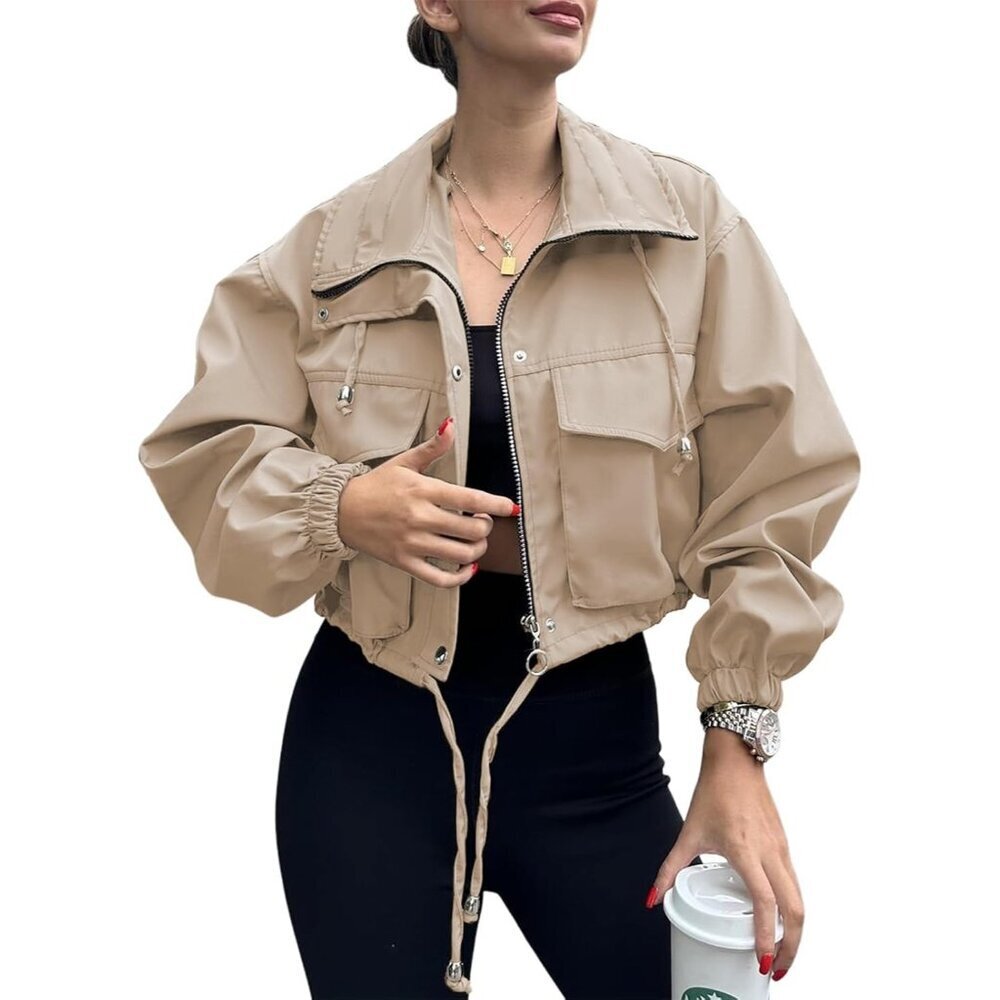 Womens Khaki Tankaneo Cropped Jacket Zip Up Oversized Utility Anorak Coat